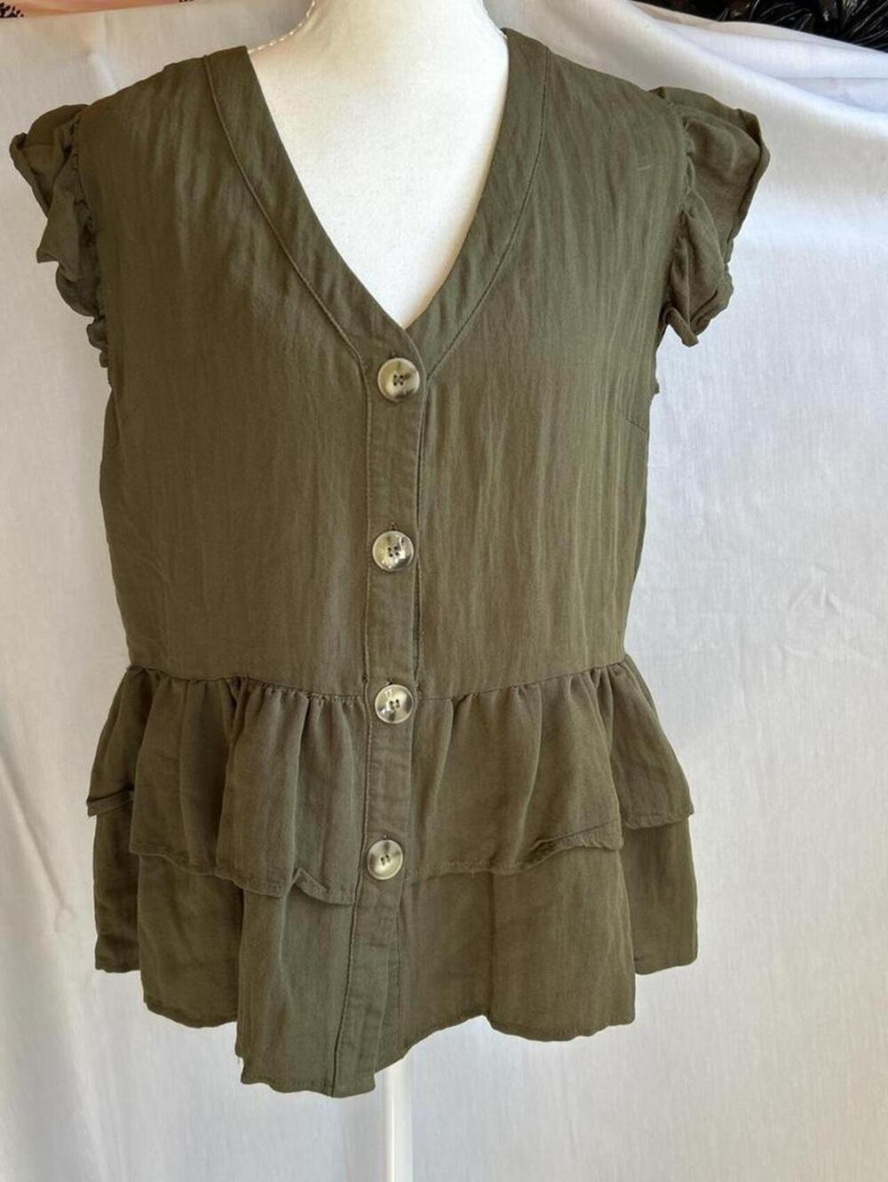 Women's Button-Down Tiered Ruffle Hem Top, Olive, Hayden, 1XL